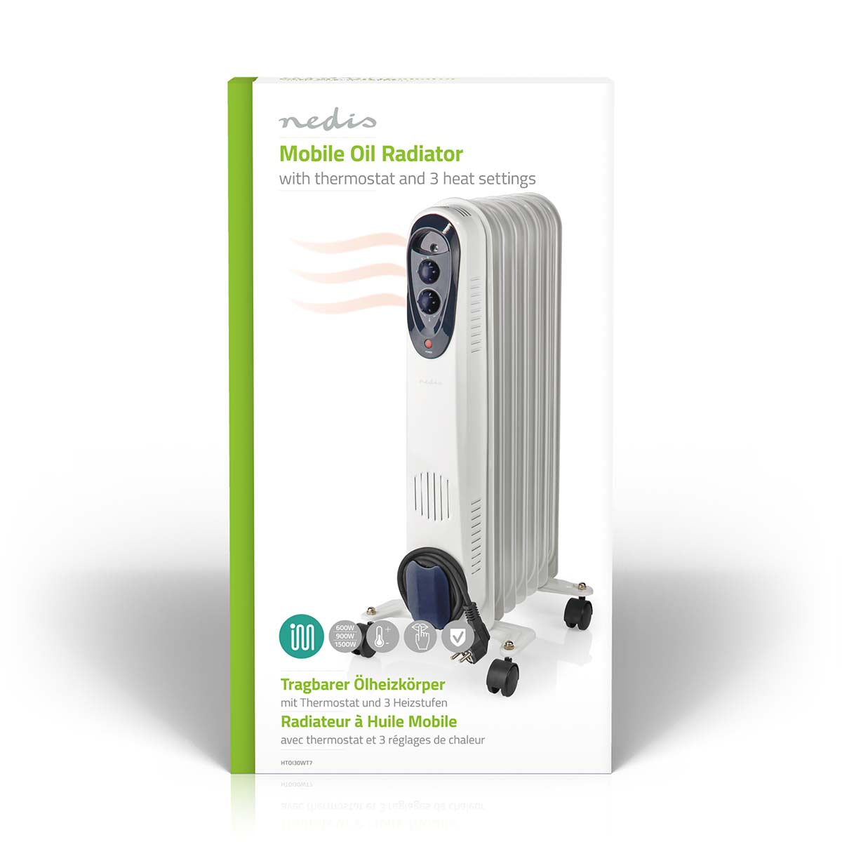 Mobiler Öl Radiator | 600 / 900 / 1500 W | 7 Fins | Verstellbares Thermostat | 3 Wärmeeinstellungen | Stolperschutz | Weiss