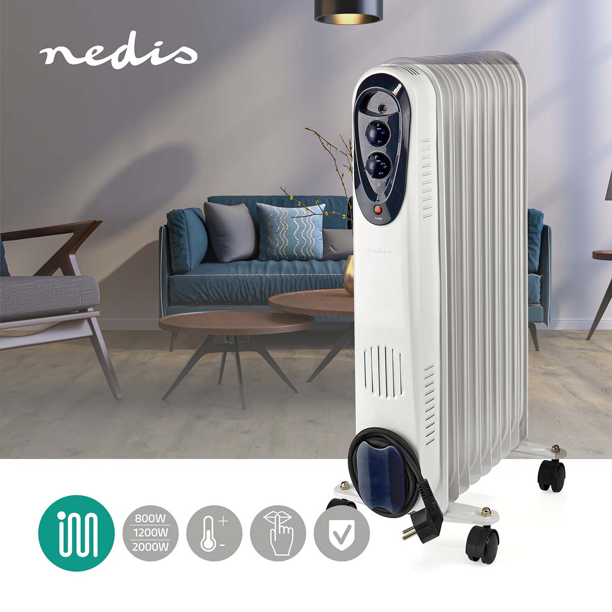 Mobiler Öl Radiator | 800 / 1200 / 2000 W | 9 Fins | Verstellbares Thermostat | 3 Wärmeeinstellungen | Stolperschutz | Weiss