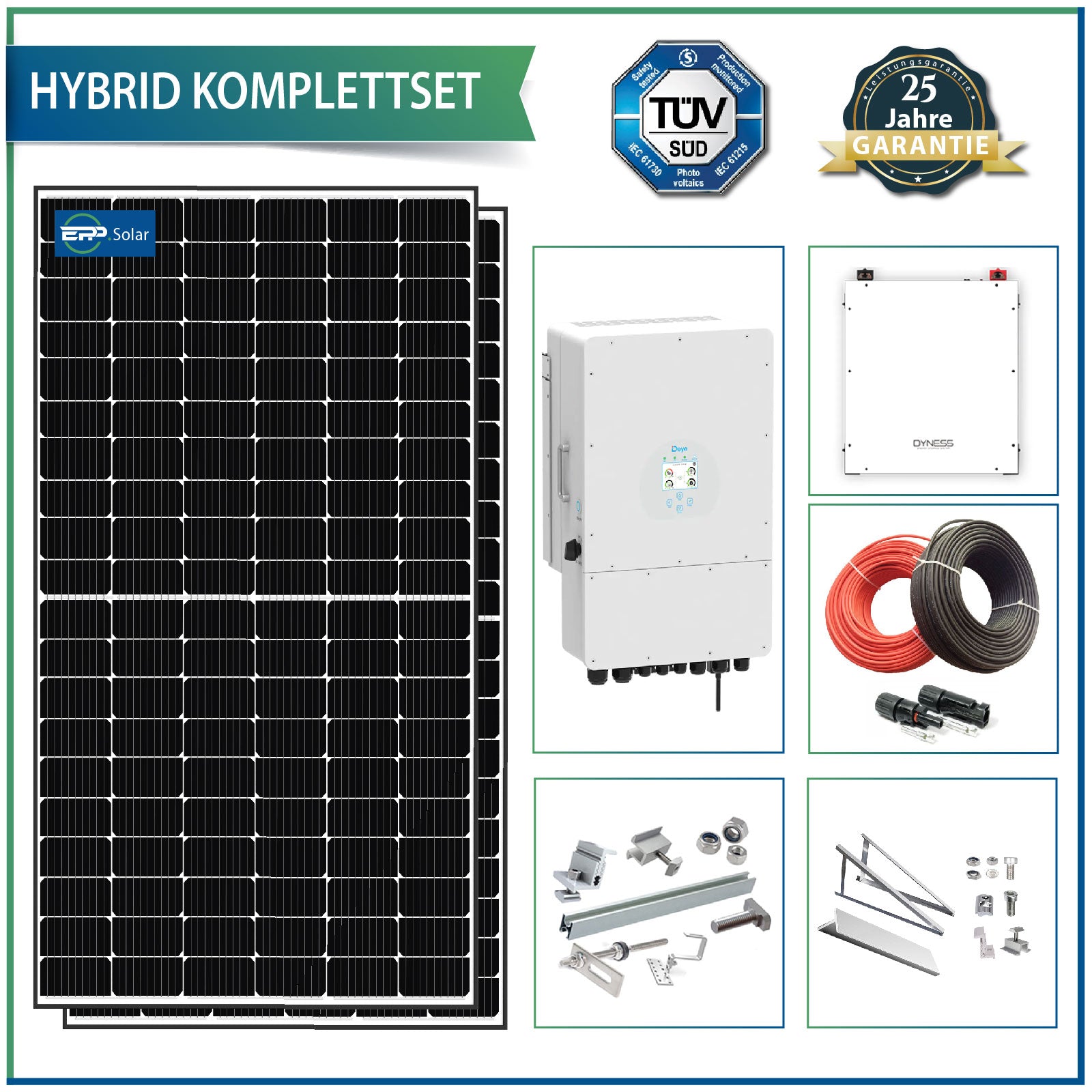 asdec life® Photovoltaik Komplettpaket 5 -  Hybrid 10 KW  mit Batterie Energie-Speichersystem Ziegeldach hochkant