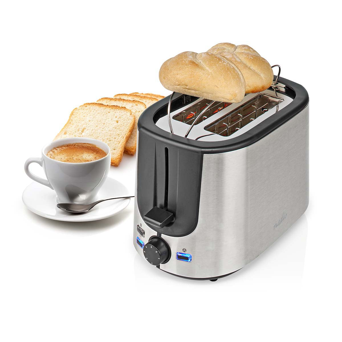 Toaster | Edelstahl Serie | 2 Steckplätze | Bräunungsstufen: 7 | Auftaufunktion | Brötchenaufsatz | Aluminium