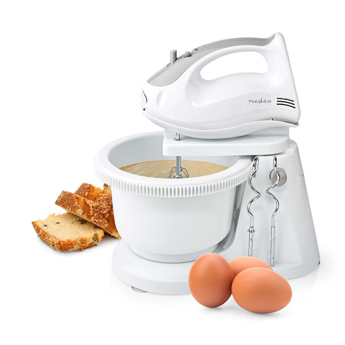 Handmixer | 200 W | 5 Geschindigkeitsstufen | Turbofunktion | Turning Bowl / 2 Knethaken / 2 Schlägel | Grau / Weiss