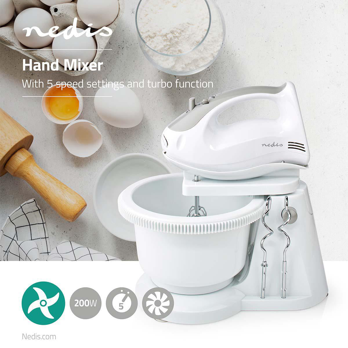 Handmixer | 200 W | 5 Geschindigkeitsstufen | Turbofunktion | Turning Bowl / 2 Knethaken / 2 Schlägel | Grau / Weiss