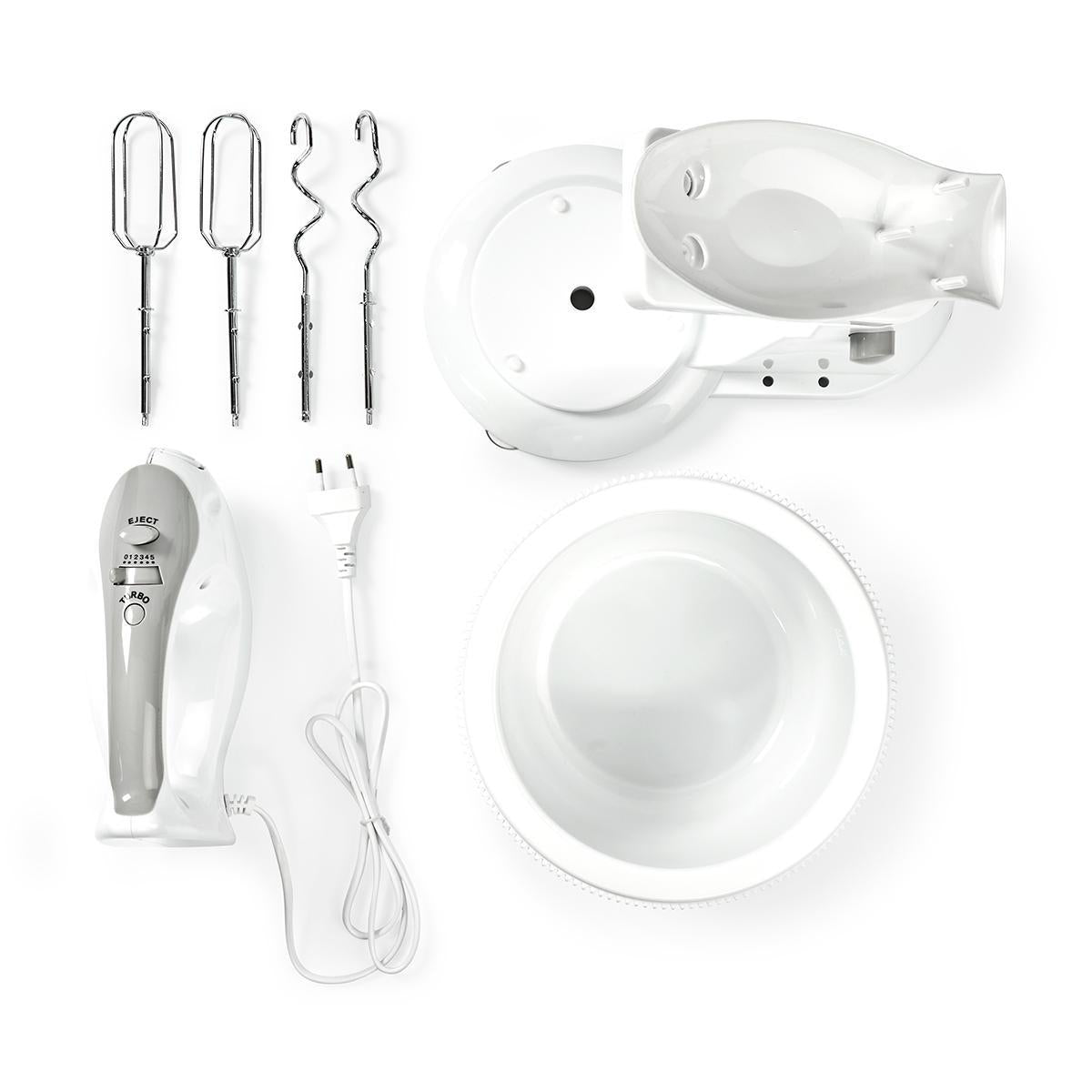 Handmixer | 200 W | 5 Geschindigkeitsstufen | Turbofunktion | Turning Bowl / 2 Knethaken / 2 Schlägel | Grau / Weiss