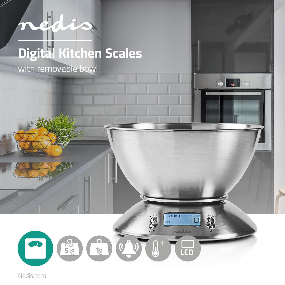 Küchenwaagen | Digital | Edelstahl | Timerfunktion | Thermometer Funktion | Abnehmbare Schale | Silber
