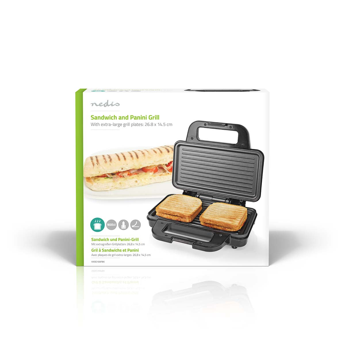 Sandwichmaker | 900 W | 26.8 x 14.5 cm | Automatischer Temperaturkontrolle | Aluminium / Kunststoff