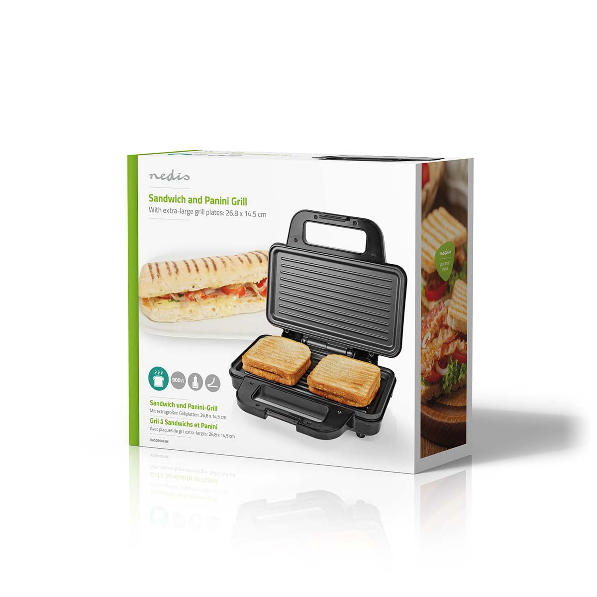 Sandwichmaker | 900 W | 26.8 x 14.5 cm | Automatischer Temperaturkontrolle | Aluminium / Kunststoff