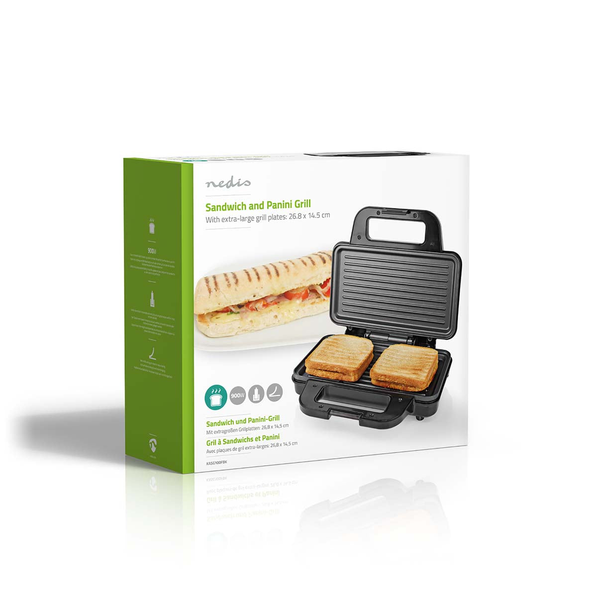 Sandwichmaker | 900 W | 26.8 x 14.5 cm | Automatischer Temperaturkontrolle | Aluminium / Kunststoff