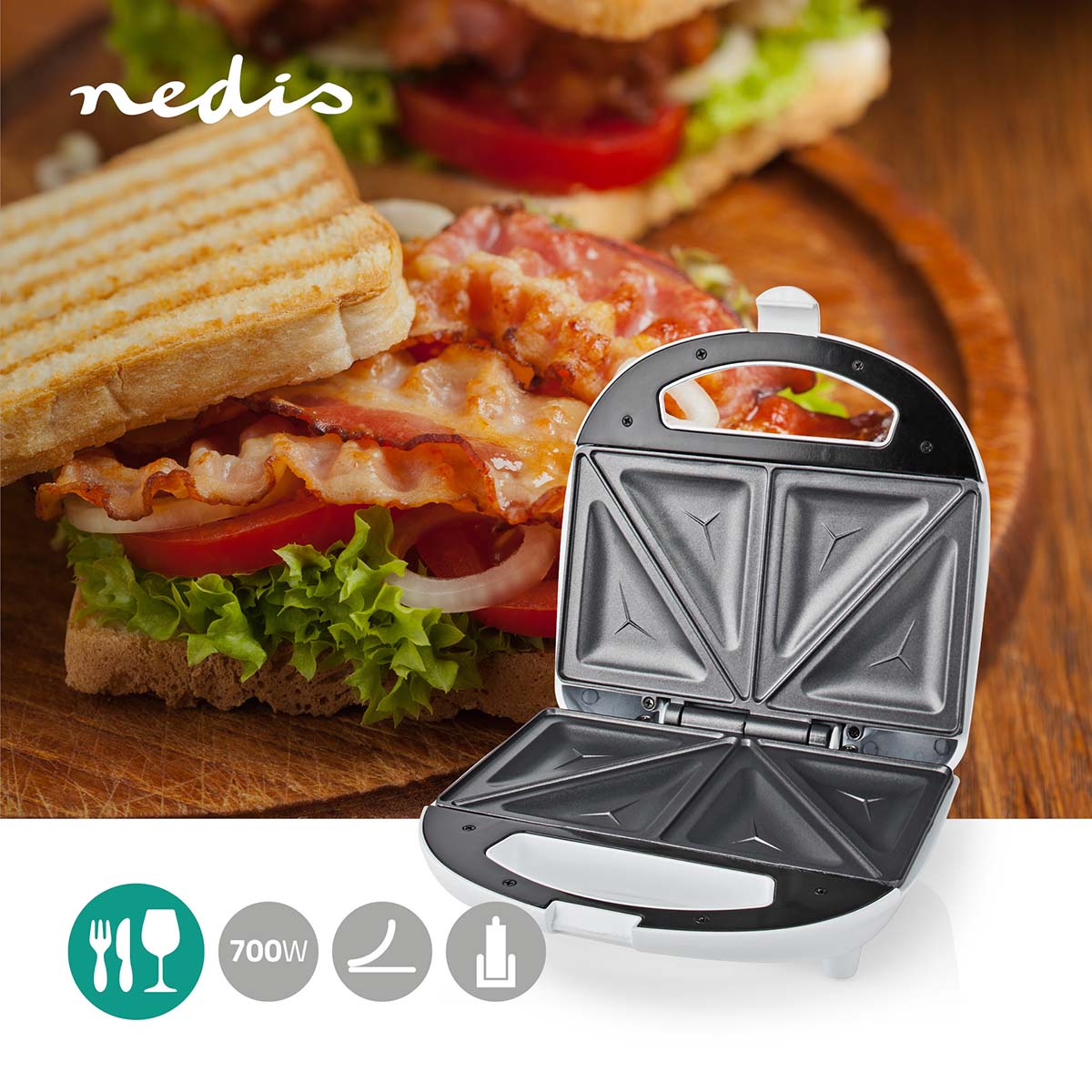 Sandwichmaker | 700 W | 20.5 x 12 cm | Automatischer Temperaturkontrolle | ABS