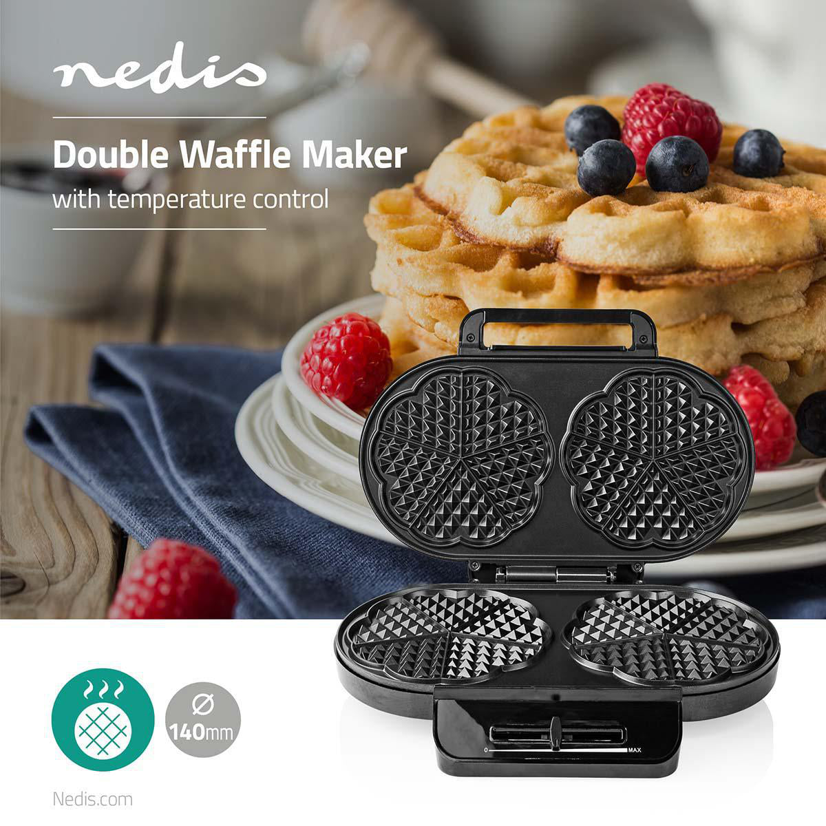 Waffeleisen | 2 x 5 Heart shaped waffles | 12 cm | 1200 W | Automatischer Temperaturkontrolle | Kunststoff / Metall