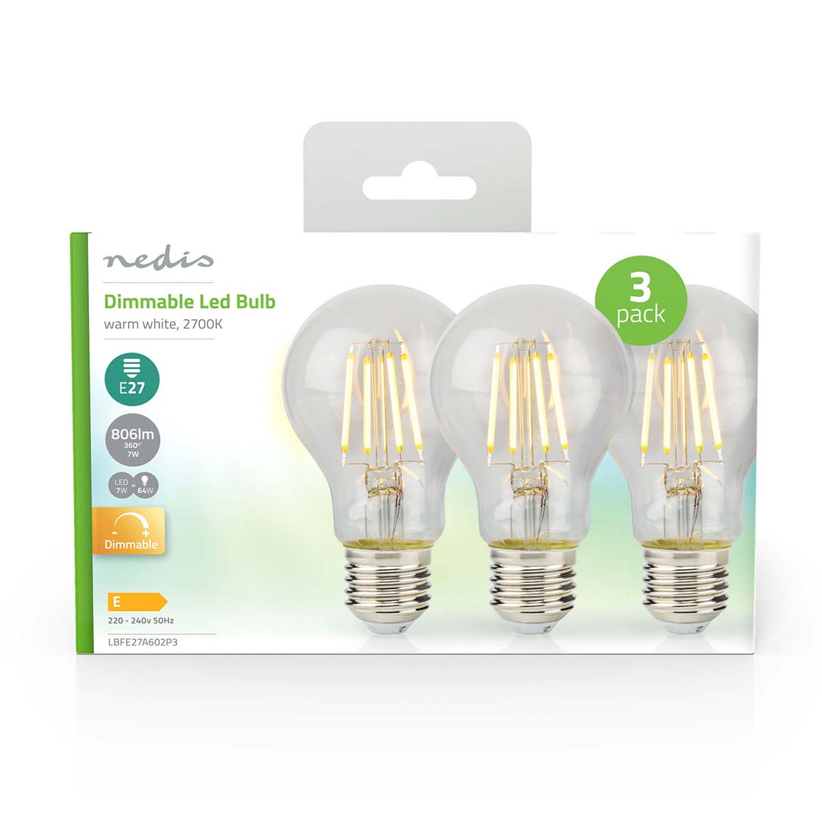 LED-Filament-Lampe E27 | A60 | 7 W | 806 lm | 2700 K | Dimmbar | Warmweiss | Retro Style | 3 Stück