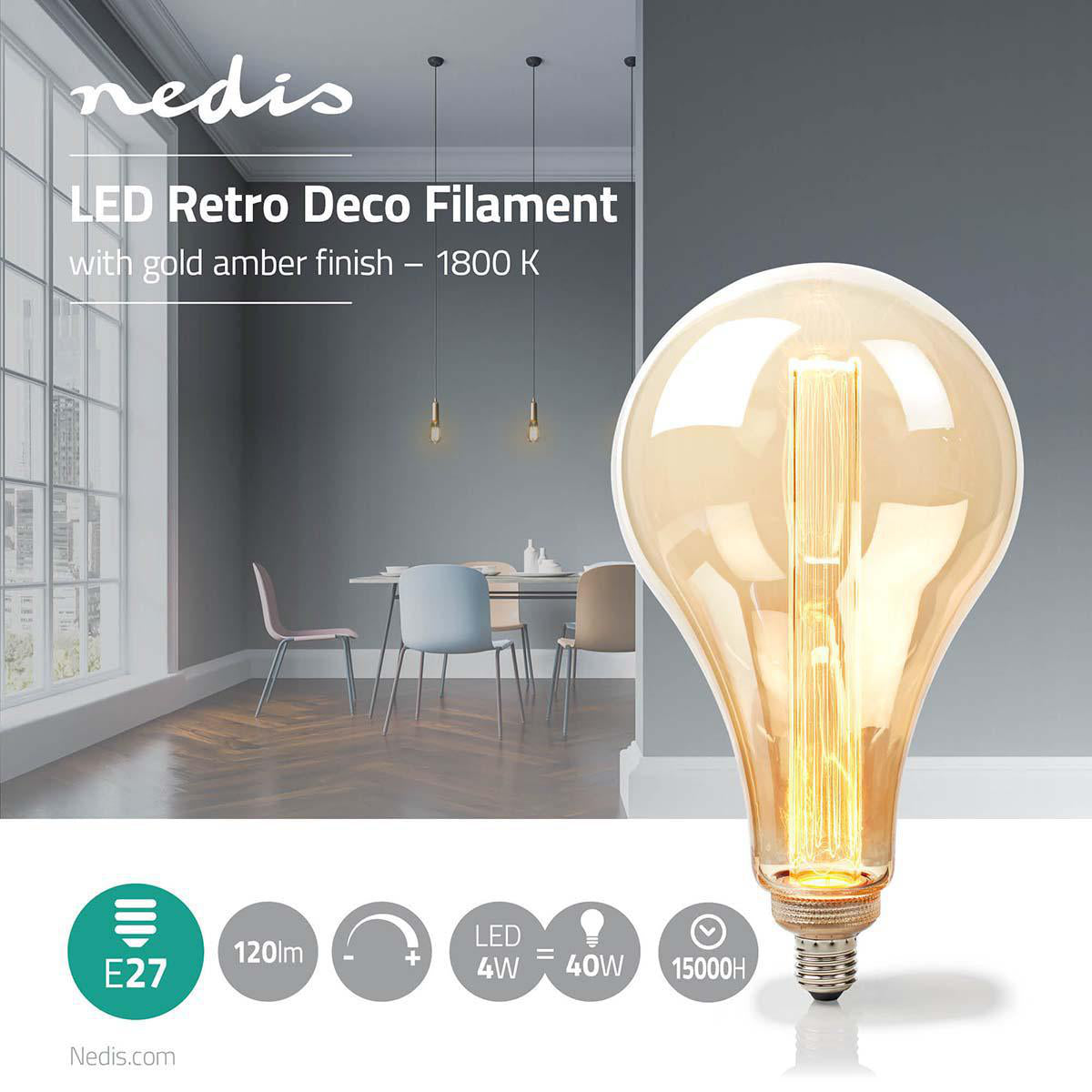 LED-Filament-Lampe E27 | PS165 | 3.5 W | 120 lm | 1800 K | Dimmbar | Mit Gold Amber Finish | Retro Style | 1 Stück