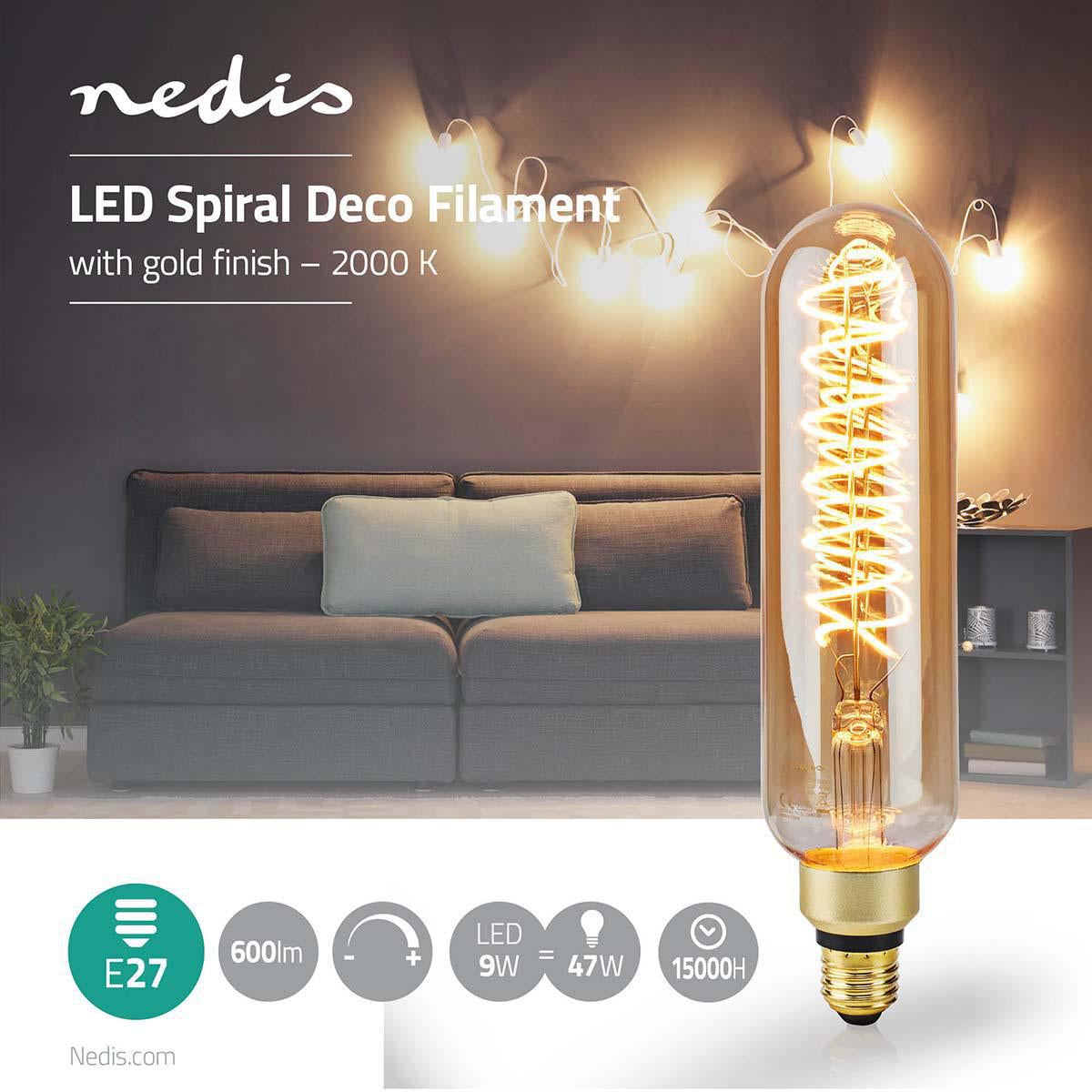 LED-Filament-Lampe E27 | T65 | 8.5 W | 600 lm | 2000 K | Dimmbar | Mit Gold Finish | Retro Style | 1 Stück