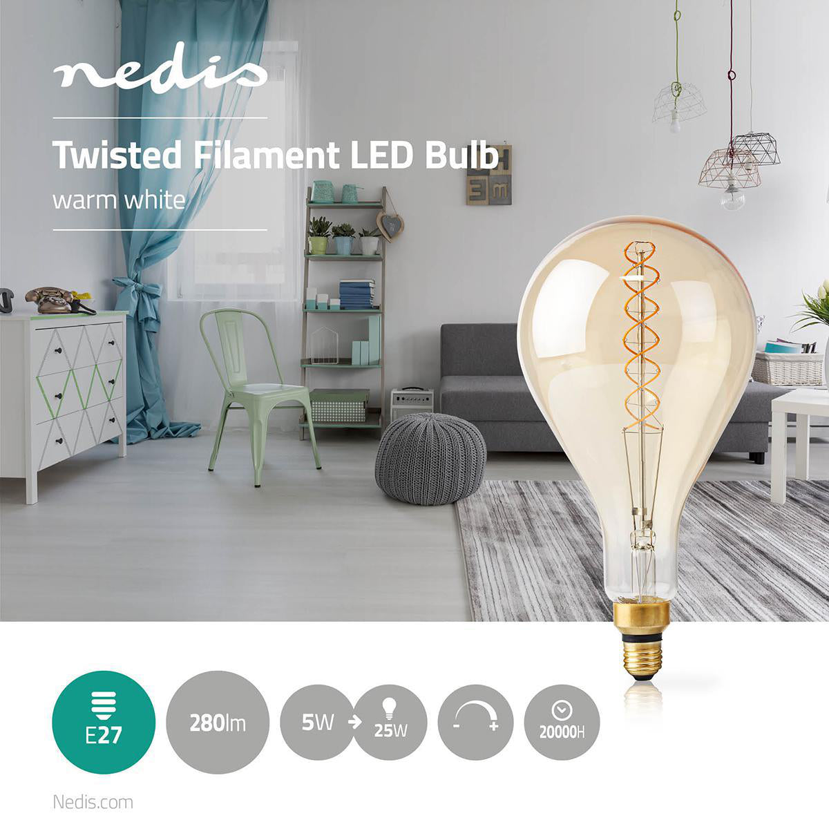 LED-Filament-Lampe E27 | A160 | 5 W | 280 lm | 2000 K | Dimmbar | Warmweiss | Retro Style | 1 Stück