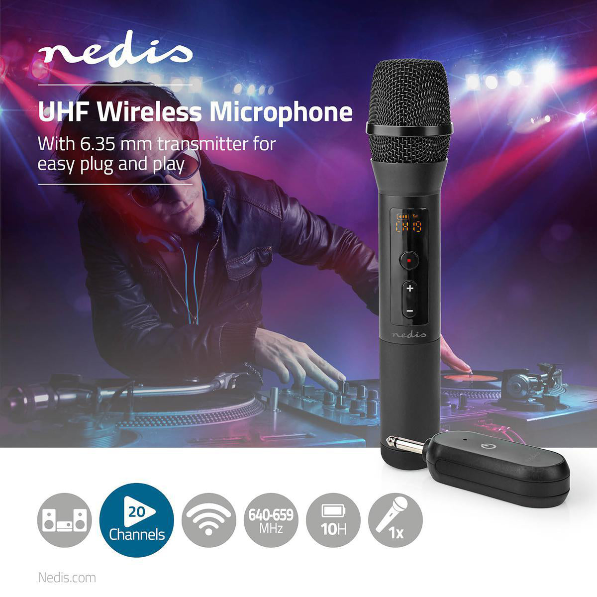 Wireless-Mikrofon-Set | 20 Kanäle | 1 Mikrofon | Cardioid | 70 Hz - 13 kHz | 1000 Ohm | -95 dB | Lautstärke-Regler | Schwarz