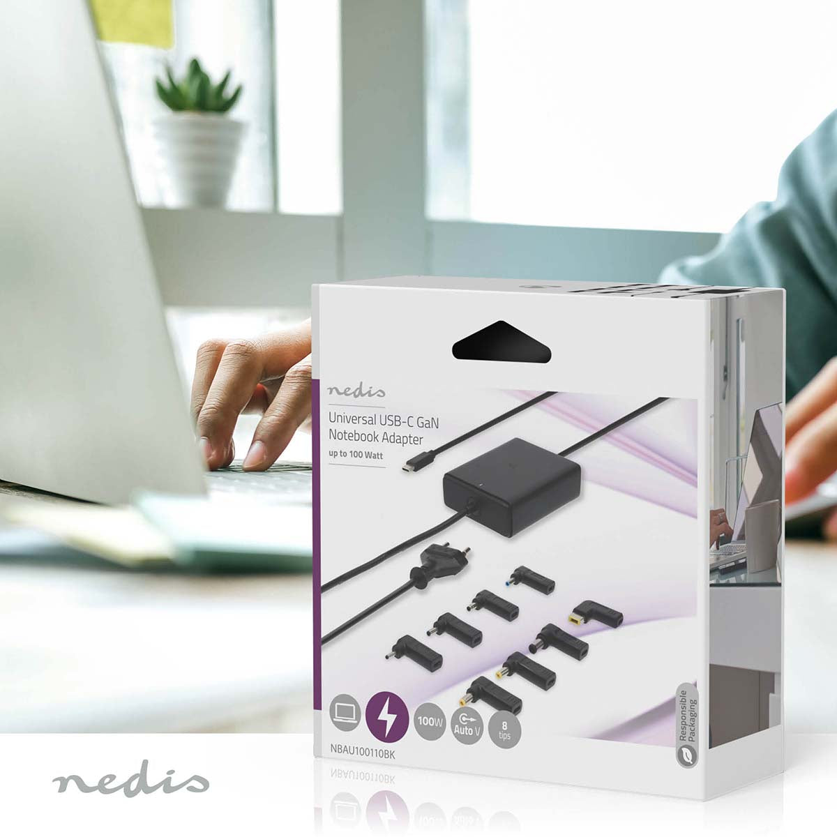 Notebook Adapter | GaN | 100 W | 5 / 9 / 12 / 15 / 20 V DC | 3.0 / 5.0 A | Benutzt für: Notebook / Smartphone / Tablet | Euro / Typ-C (CEE 7/16)