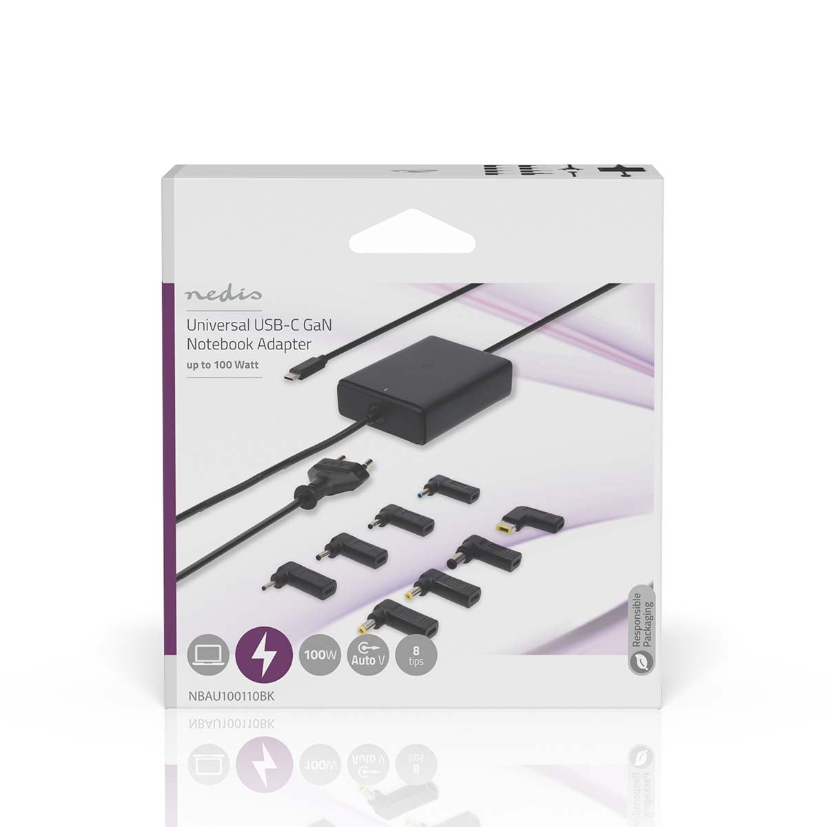 Notebook Adapter | GaN | 100 W | 5 / 9 / 12 / 15 / 20 V DC | 3.0 / 5.0 A | Benutzt für: Notebook / Smartphone / Tablet | Euro / Typ-C (CEE 7/16)