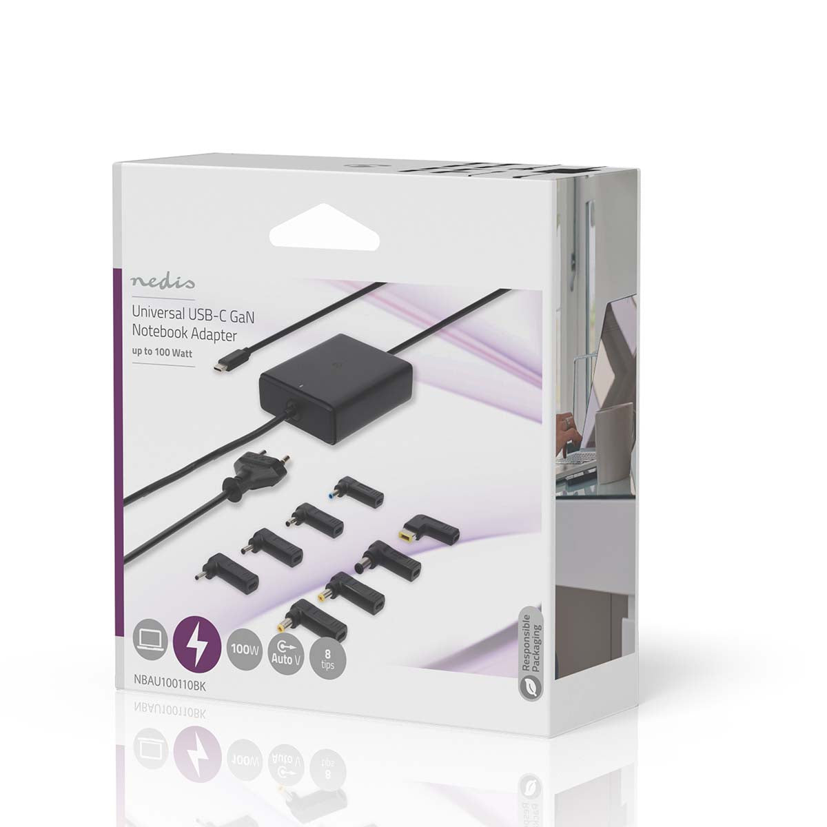 Notebook Adapter | GaN | 100 W | 5 / 9 / 12 / 15 / 20 V DC | 3.0 / 5.0 A | Benutzt für: Notebook / Smartphone / Tablet | Euro / Typ-C (CEE 7/16)