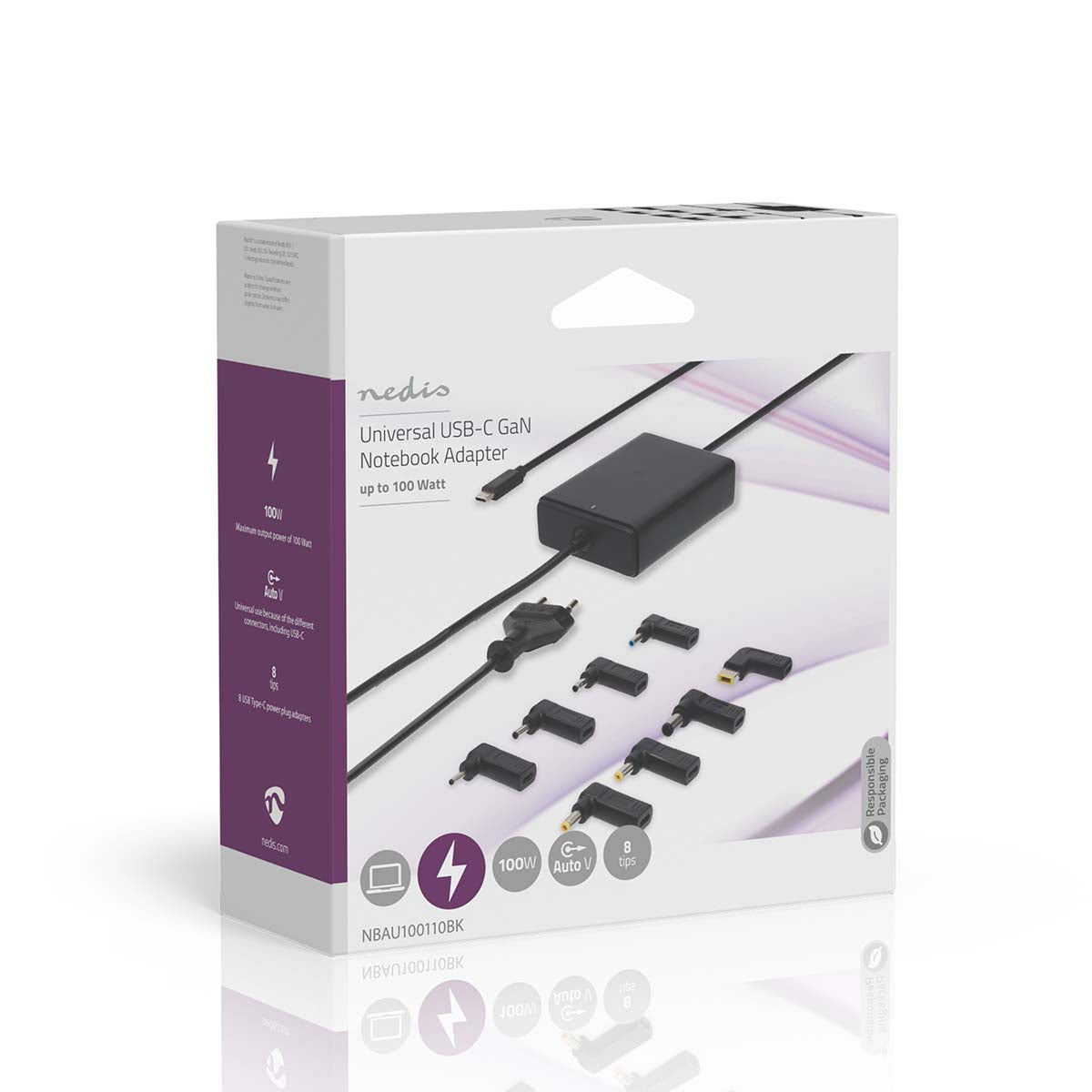 Notebook Adapter | GaN | 100 W | 5 / 9 / 12 / 15 / 20 V DC | 3.0 / 5.0 A | Benutzt für: Notebook / Smartphone / Tablet | Euro / Typ-C (CEE 7/16)