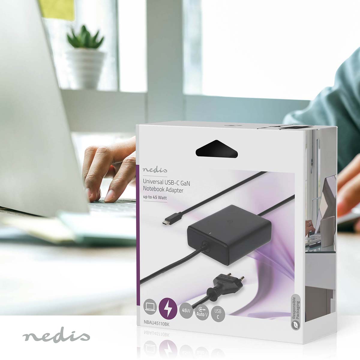 Notebook Adapter | GaN | 45 W | 5 / 9 / 12 / 15 / 20 V DC | 2.25 / 2.33 / 2.92 / 3.0 A | Benutzt für: Notebook / Smartphone / Tablet | Euro / Typ-C (CEE 7/16)