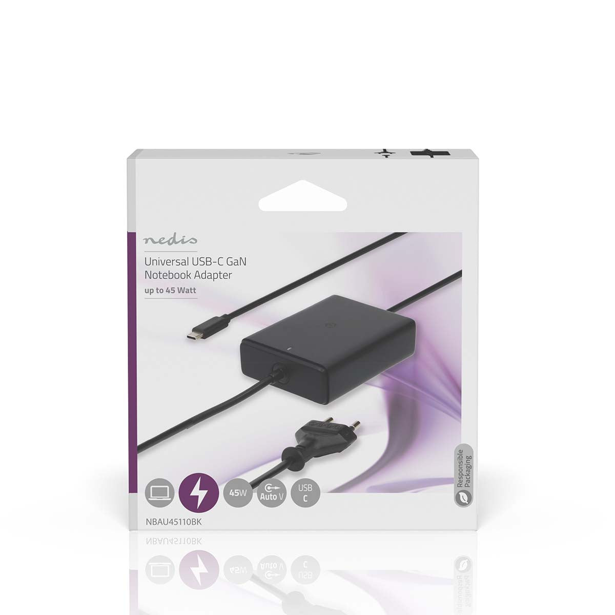 Notebook Adapter | GaN | 45 W | 5 / 9 / 12 / 15 / 20 V DC | 2.25 / 2.33 / 2.92 / 3.0 A | Benutzt für: Notebook / Smartphone / Tablet | Euro / Typ-C (CEE 7/16)