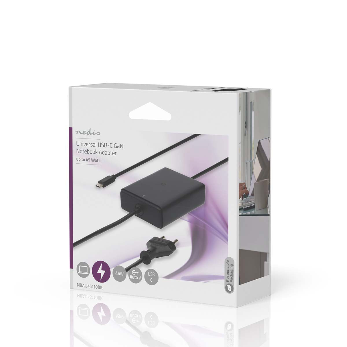 Notebook Adapter | GaN | 45 W | 5 / 9 / 12 / 15 / 20 V DC | 2.25 / 2.33 / 2.92 / 3.0 A | Benutzt für: Notebook / Smartphone / Tablet | Euro / Typ-C (CEE 7/16)