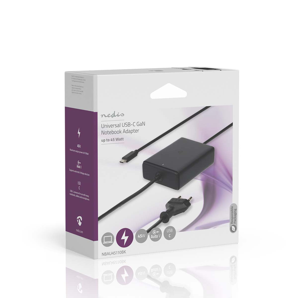 Notebook Adapter | GaN | 45 W | 5 / 9 / 12 / 15 / 20 V DC | 2.25 / 2.33 / 2.92 / 3.0 A | Benutzt für: Notebook / Smartphone / Tablet | Euro / Typ-C (CEE 7/16)