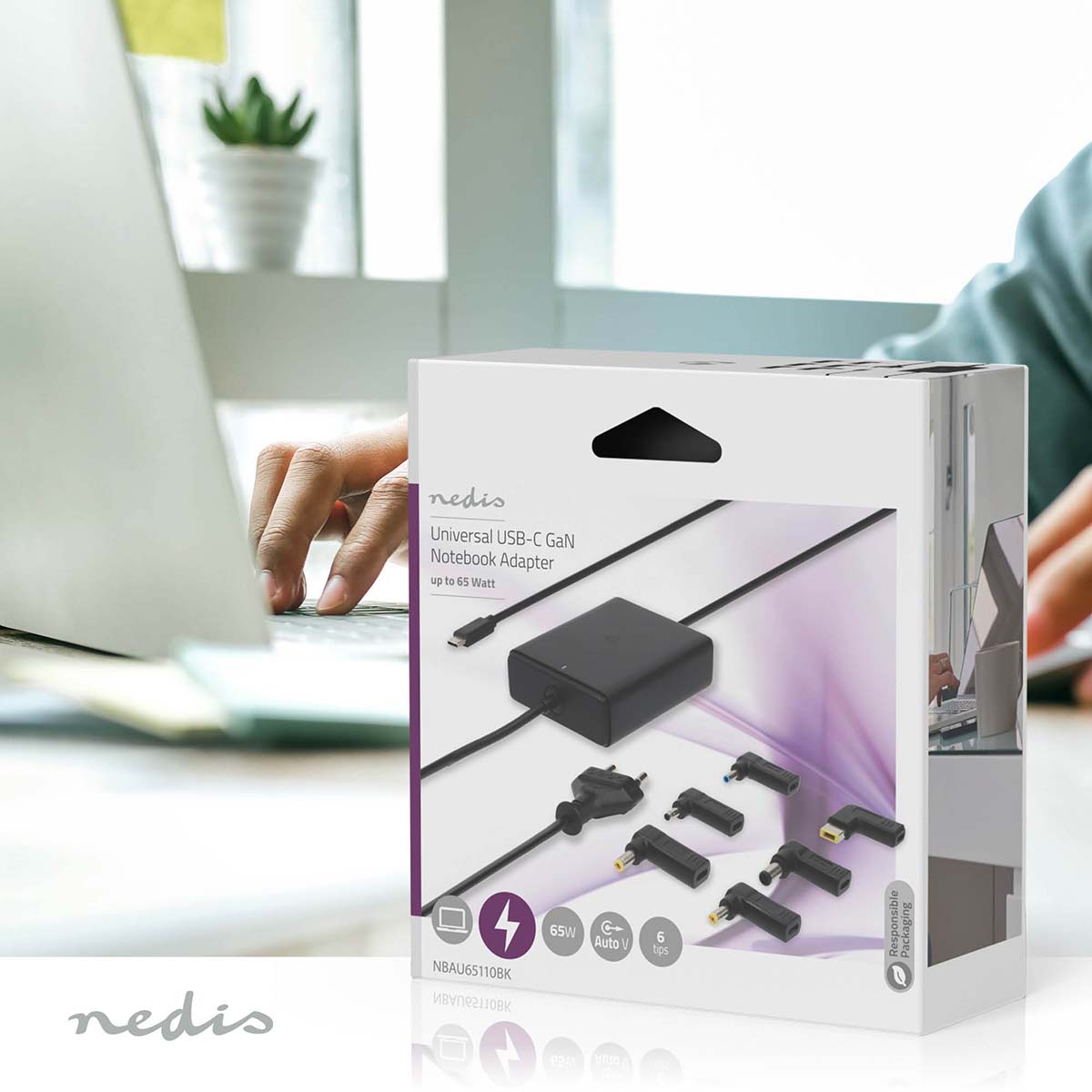 Notebook Adapter | GaN | 65 W | 5 / 9 / 12 / 15 / 20 V DC | 2.4 / 3.0 / 3.25 A | Benutzt für: Notebook / Smartphone / Tablet | Euro / Typ-C (CEE 7/16)