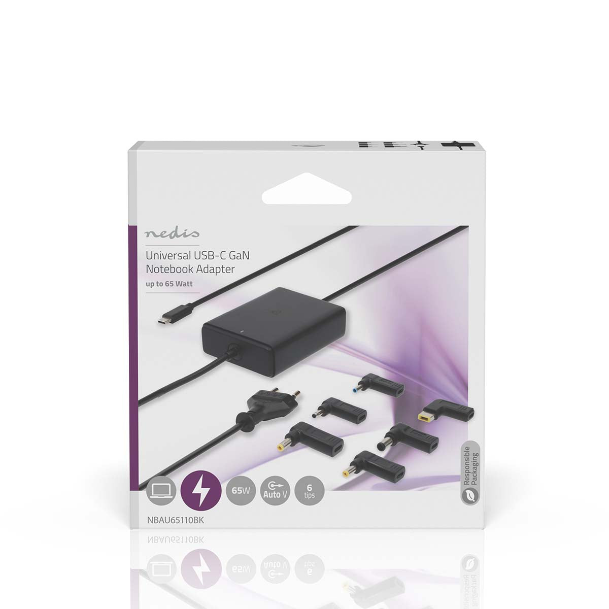 Notebook Adapter | GaN | 65 W | 5 / 9 / 12 / 15 / 20 V DC | 2.4 / 3.0 / 3.25 A | Benutzt für: Notebook / Smartphone / Tablet | Euro / Typ-C (CEE 7/16)