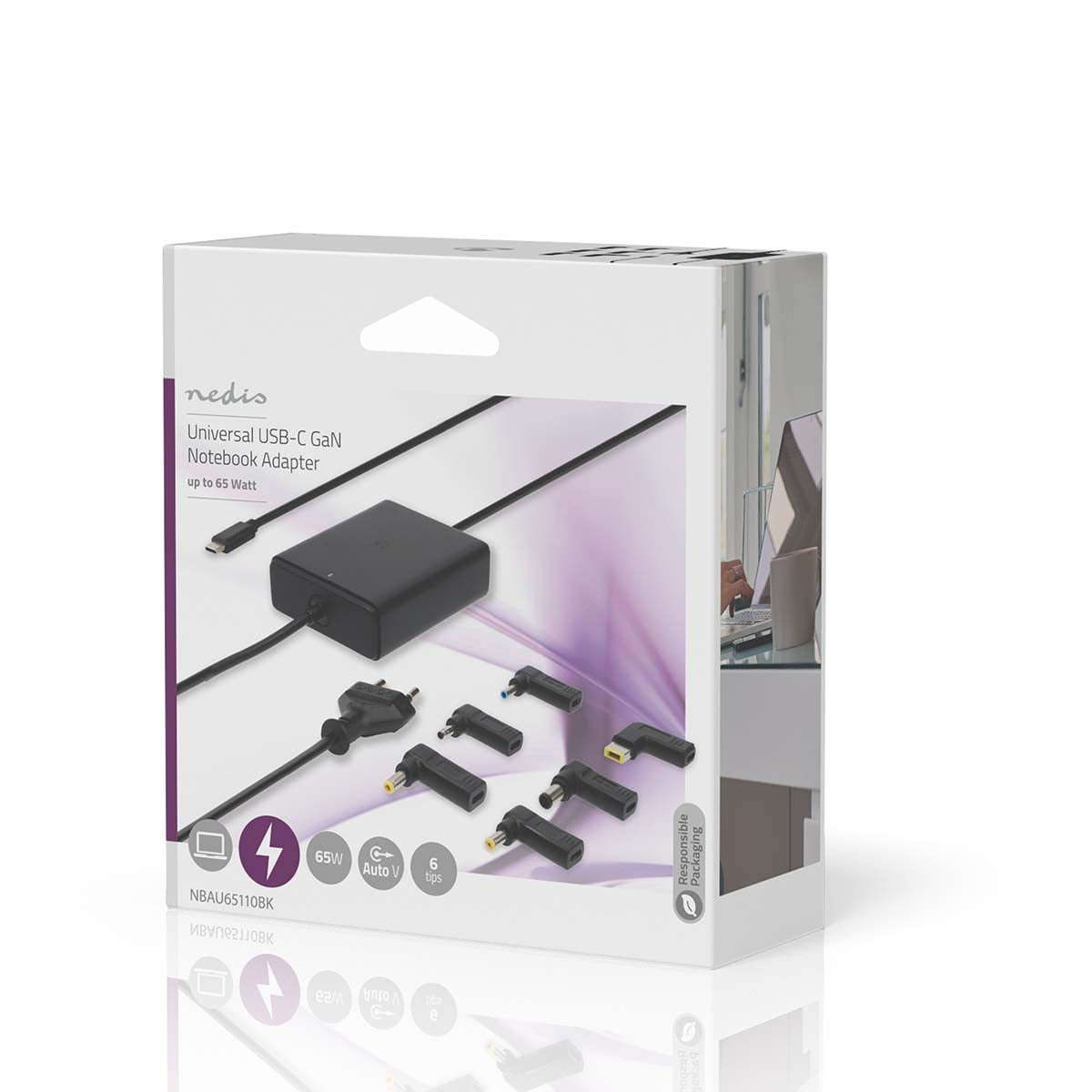 Notebook Adapter | GaN | 65 W | 5 / 9 / 12 / 15 / 20 V DC | 2.4 / 3.0 / 3.25 A | Benutzt für: Notebook / Smartphone / Tablet | Euro / Typ-C (CEE 7/16)