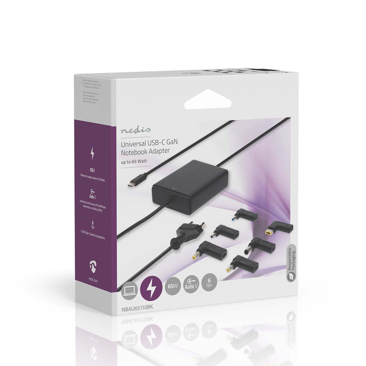 Notebook Adapter | GaN | 65 W | 5 / 9 / 12 / 15 / 20 V DC | 2.4 / 3.0 / 3.25 A | Benutzt für: Notebook / Smartphone / Tablet | Euro / Typ-C (CEE 7/16)