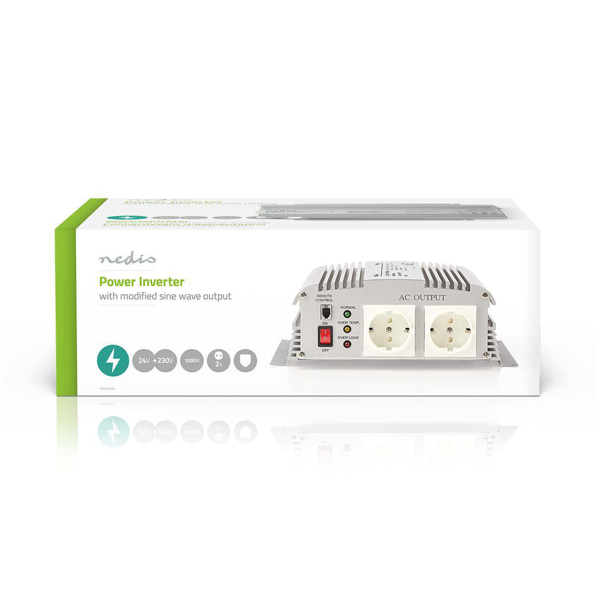 Power Inverter änderte Sinus-Wellen | Eingangsspannung: 24 V DC | Geräteausgangsanschluss: 2 | 230 V AC 50 Hz | 1000 W | Spitzenleistung: 2400 W | Buchsentyp: F (CEE 7/3) | Batterieklemmen | Silber