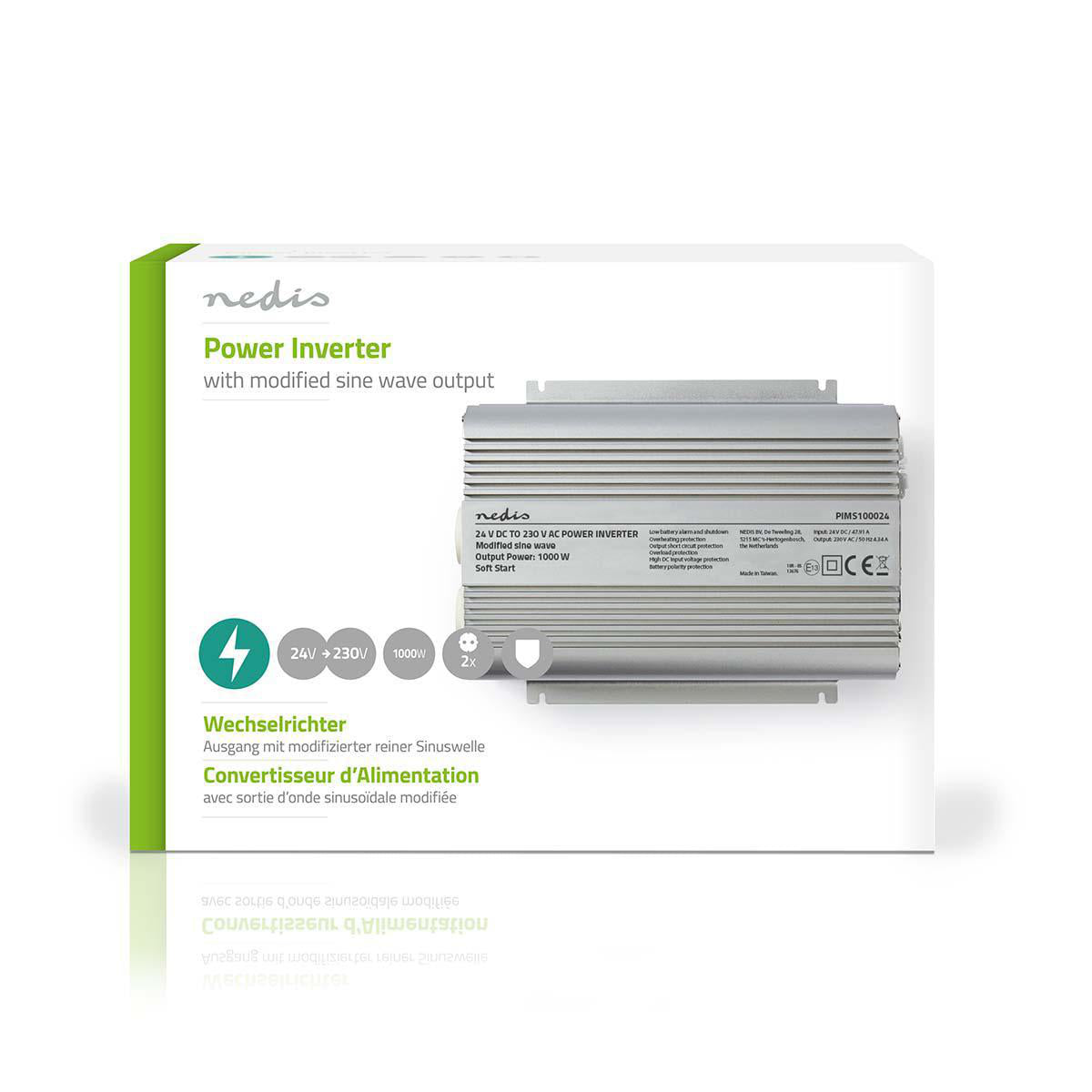 Power Inverter änderte Sinus-Wellen | Eingangsspannung: 24 V DC | Geräteausgangsanschluss: 2 | 230 V AC 50 Hz | 1000 W | Spitzenleistung: 2400 W | Buchsentyp: F (CEE 7/3) | Batterieklemmen | Silber