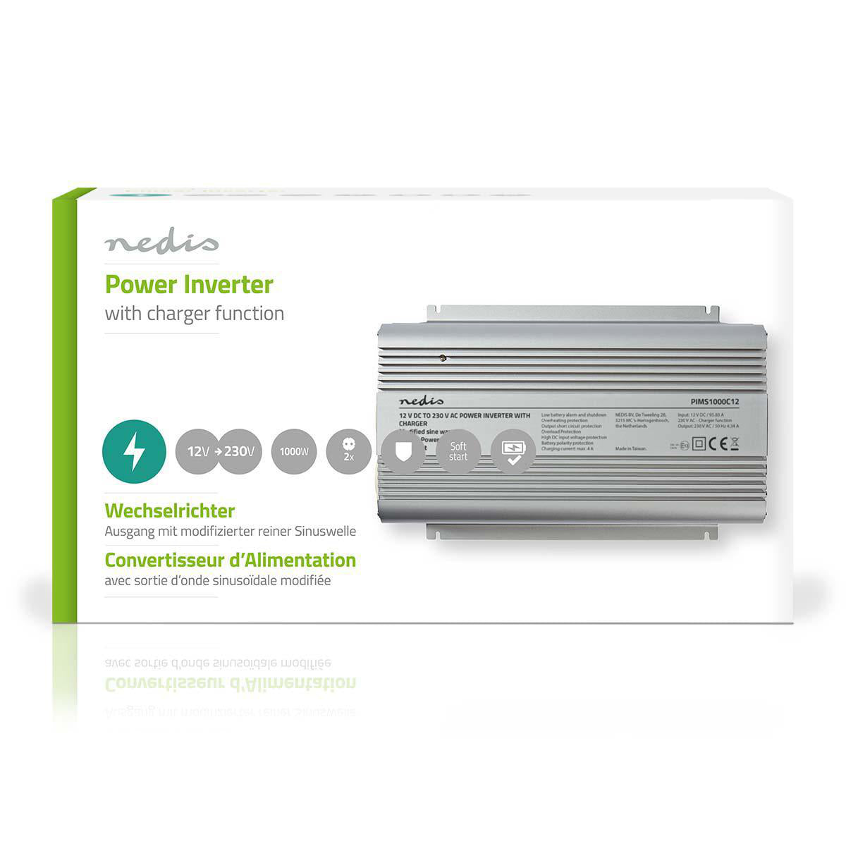 Power Inverter änderte Sinus-Wellen | Eingangsspannung: 12 V DC | Geräteausgangsanschluss: 2 | 230 V AC 50 Hz | 1000 W | Spitzenleistung: 2400 W | Buchsentyp: F (CEE 7/3) | Batterieklemmen | Silber