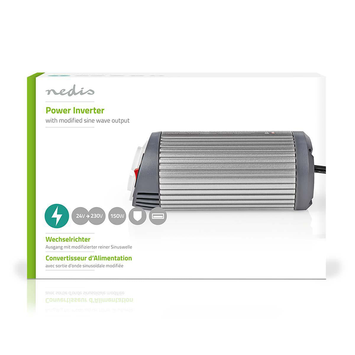 Power Inverter änderte Sinus-Wellen | Eingangsspannung: 24 V DC | Geräteausgangsanschluss: 1 | 230 V AC 50 Hz | 150 W | Spitzenleistung: 300 W | Buchsentyp: F (CEE 7/3) / USB | Zigarettenanzünder | Silber