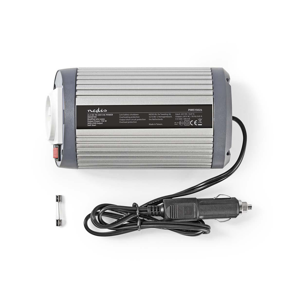 Power Inverter änderte Sinus-Wellen | Eingangsspannung: 24 V DC | Geräteausgangsanschluss: 1 | 230 V AC 50 Hz | 150 W | Spitzenleistung: 300 W | Buchsentyp: F (CEE 7/3) / USB | Zigarettenanzünder | Silber