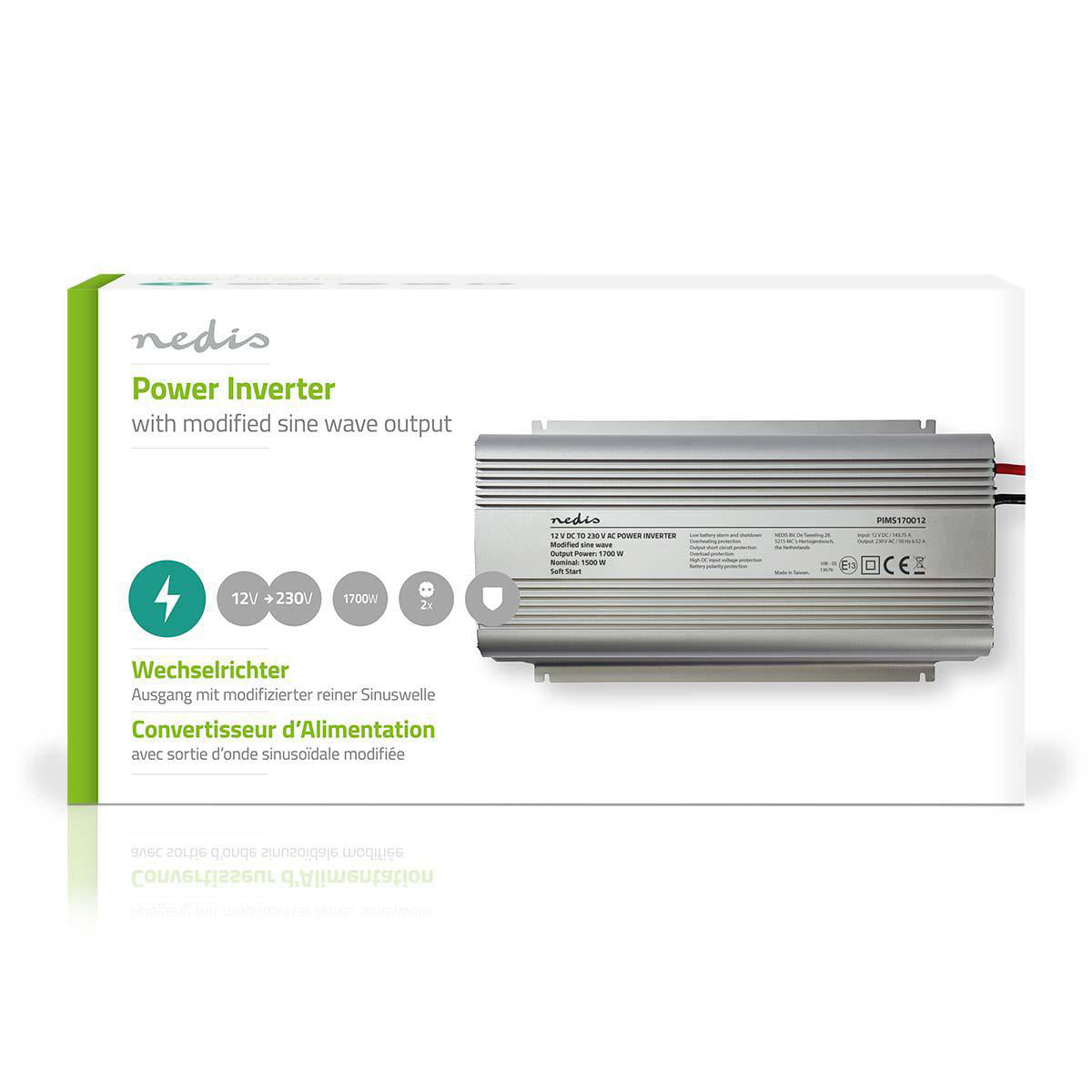 Power Inverter änderte Sinus-Wellen | Eingangsspannung: 12 V DC | Geräteausgangsanschluss: 2 | 230 V AC 50 Hz | 1700 W | Spitzenleistung: 3000 W | Buchsentyp: F (CEE 7/3) | Schraubklemme | Silber