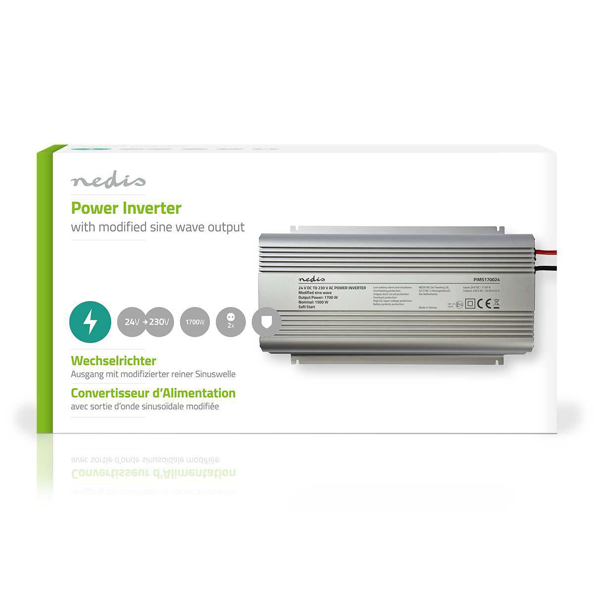 Power Inverter änderte Sinus-Wellen | Eingangsspannung: 24 V DC | Geräteausgangsanschluss: 2 | 230 V AC 50 Hz | 1700 W | Spitzenleistung: 3000 W | Buchsentyp: F (CEE 7/3) | Schraubklemme | Silber