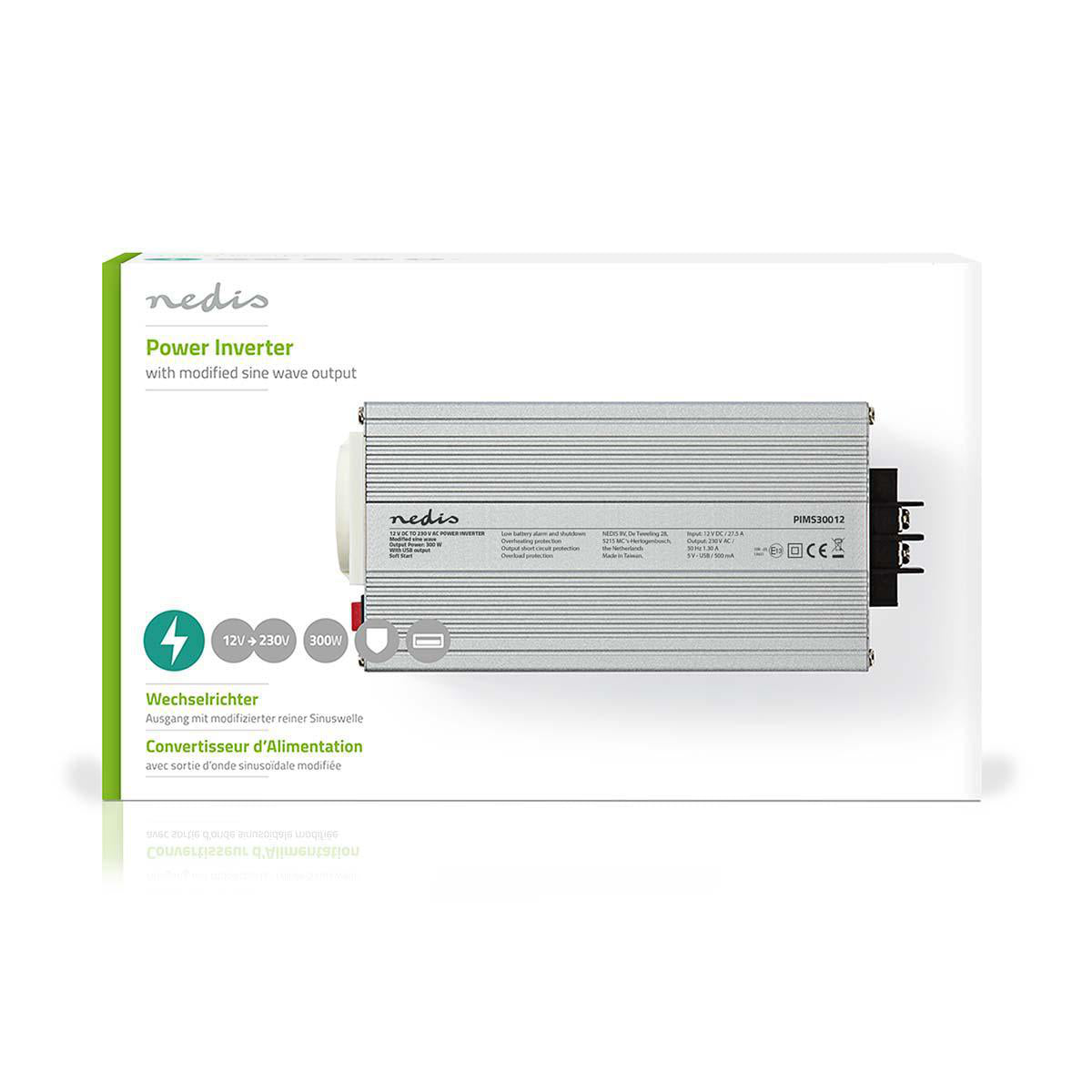 Power Inverter änderte Sinus-Wellen | Eingangsspannung: 12 V DC | Geräteausgangsanschluss: 1 | 230 V AC 50 Hz | 300 W | Spitzenleistung: 600 W | Buchsentyp: F (CEE 7/3) / USB | Batterieklemmen + Zigarettenanzünder | Silber