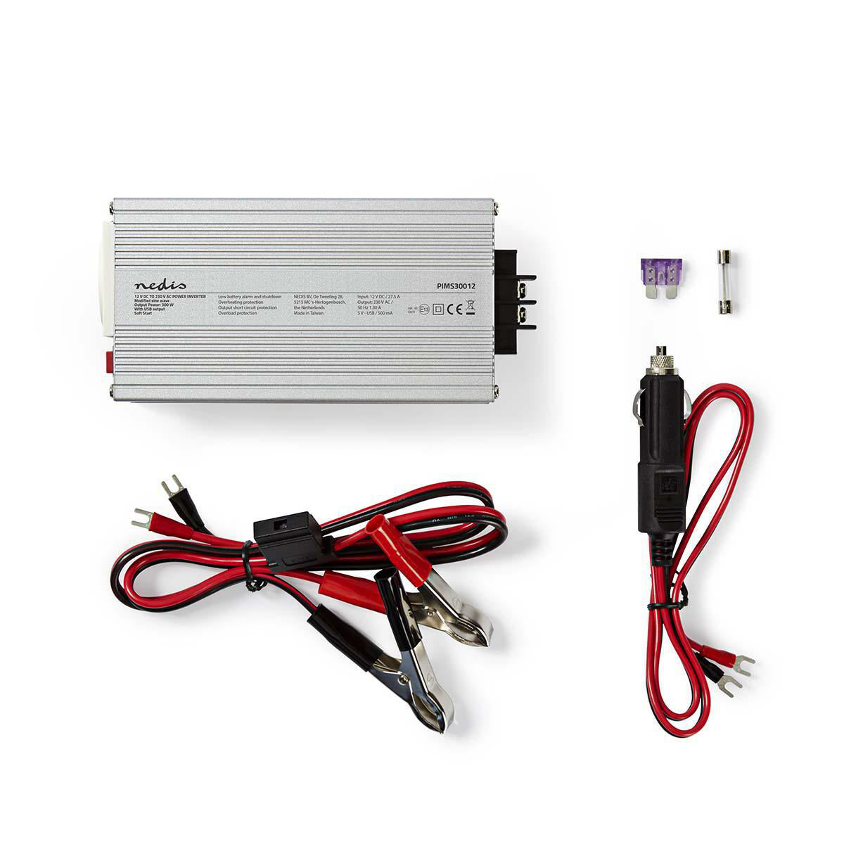 Power Inverter änderte Sinus-Wellen | Eingangsspannung: 12 V DC | Geräteausgangsanschluss: 1 | 230 V AC 50 Hz | 300 W | Spitzenleistung: 600 W | Buchsentyp: F (CEE 7/3) / USB | Batterieklemmen + Zigarettenanzünder | Silber