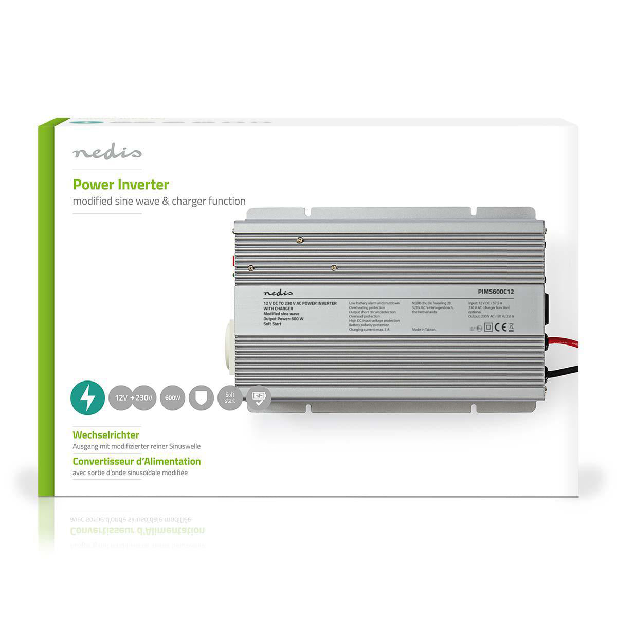 Power Inverter änderte Sinus-Wellen | Eingangsspannung: 12 V DC | Geräteausgangsanschluss: 1 | 230 V AC 50 Hz | 600 W | Spitzenleistung: 1500 W | Buchsentyp: F (CEE 7/3) | Batterieklemmen | Silber