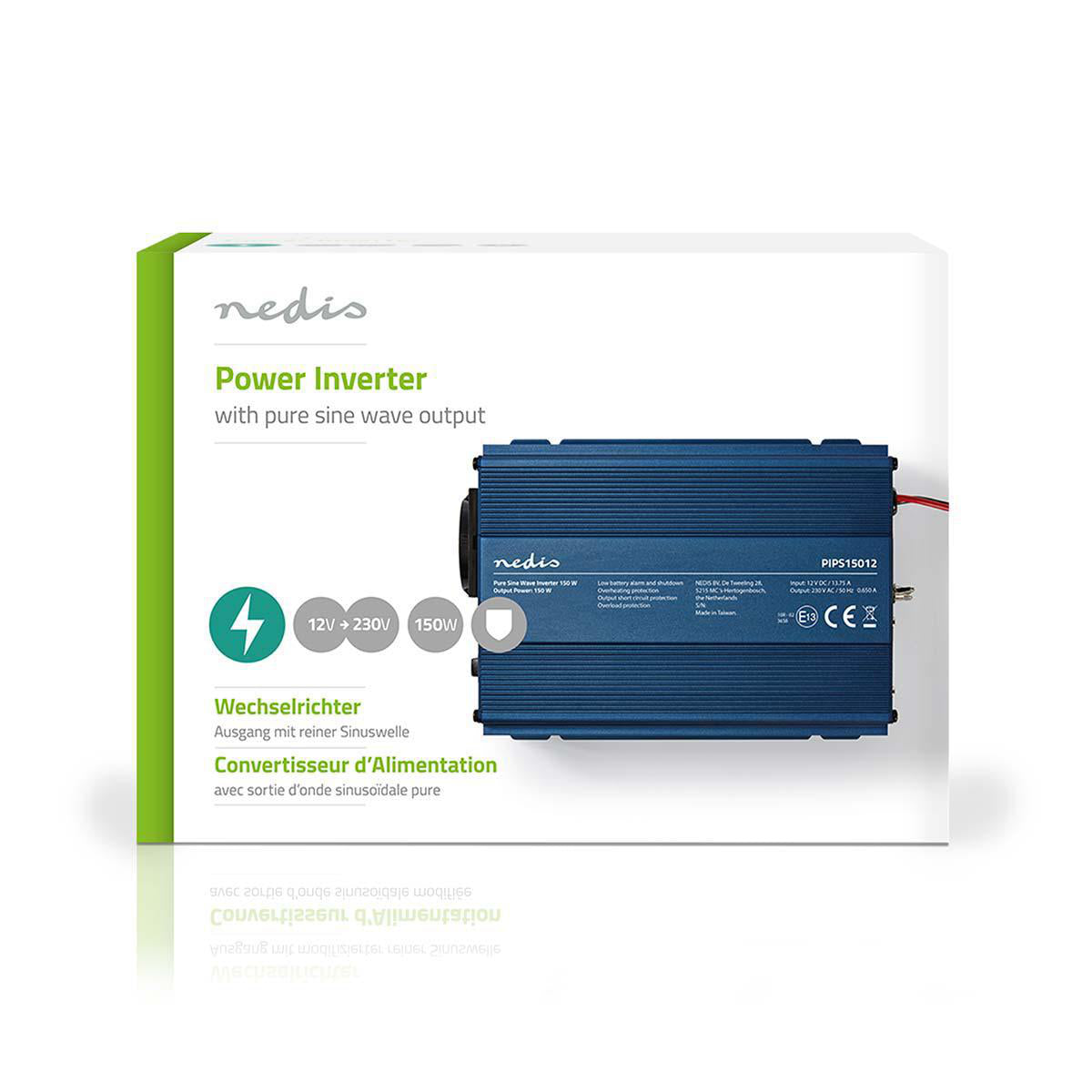 Power Inverter reine Sinus-Wellen | Eingangsspannung: 12 V DC | Geräteausgangsanschluss: 1 | 230 V AC 50 Hz | 150 W | Spitzenleistung: 300 W | Buchsentyp: F (CEE 7/3) | Zigarettenanzünder | Reine Sinuswelle | Düse | Blau