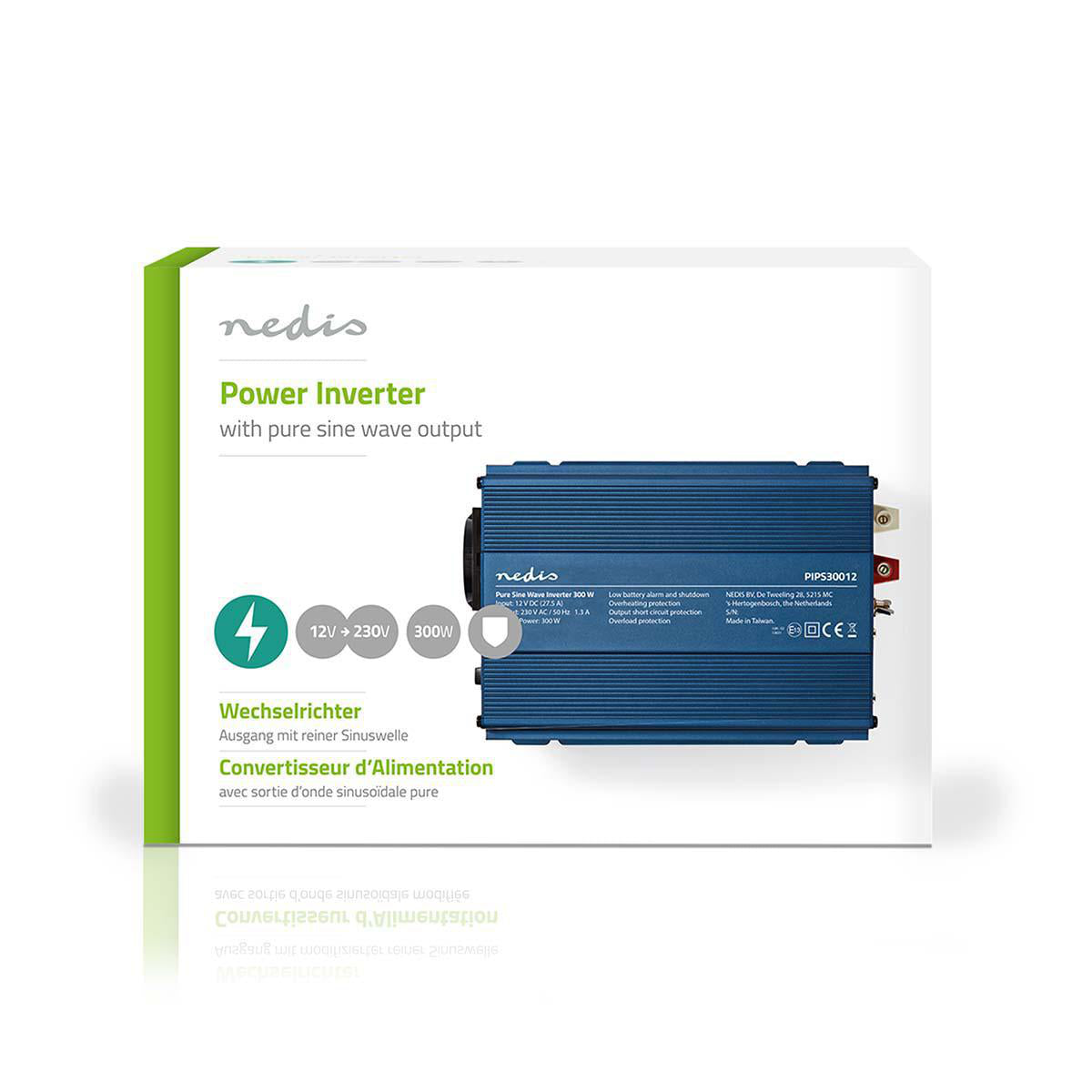 Power Inverter reine Sinus-Wellen | Eingangsspannung: 12 V DC | Geräteausgangsanschluss: 1 | 230 V AC 50 Hz | 300 W | Spitzenleistung: 500 W | Buchsentyp: F (CEE 7/3) | Schraubklemme | Reine Sinuswelle | Düse | Blau