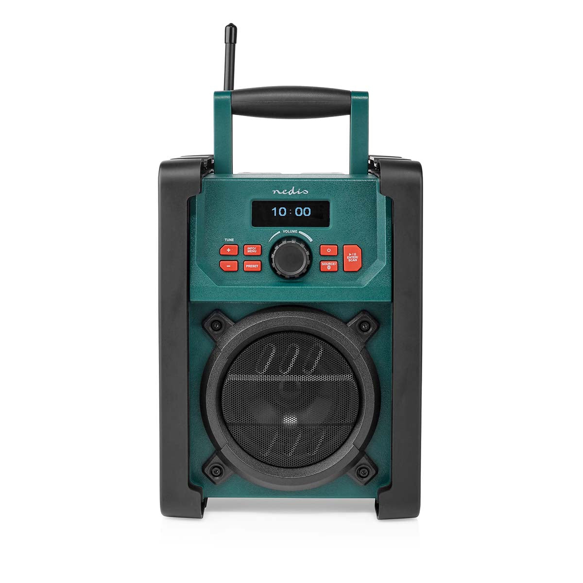 DAB+ Radio | Baustellenradio | DAB+ / FM | 2.2 " | Scharz-weiß Monitor | Batteriebetrieben / Netzstromversorgung | Digital | 15 W | Bluetooth® | Wecker | Sleep Timer | IP65 | Tragegriff | Grün / Schwarz