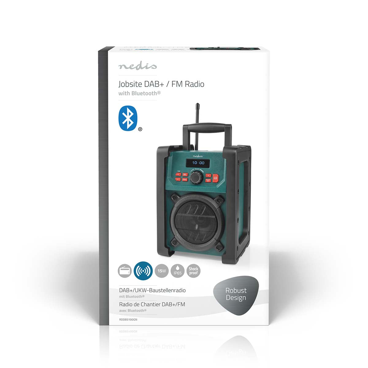 DAB+ Radio | Baustellenradio | DAB+ / FM | 2.2 " | Scharz-weiß Monitor | Batteriebetrieben / Netzstromversorgung | Digital | 15 W | Bluetooth® | Wecker | Sleep Timer | IP65 | Tragegriff | Grün / Schwarz