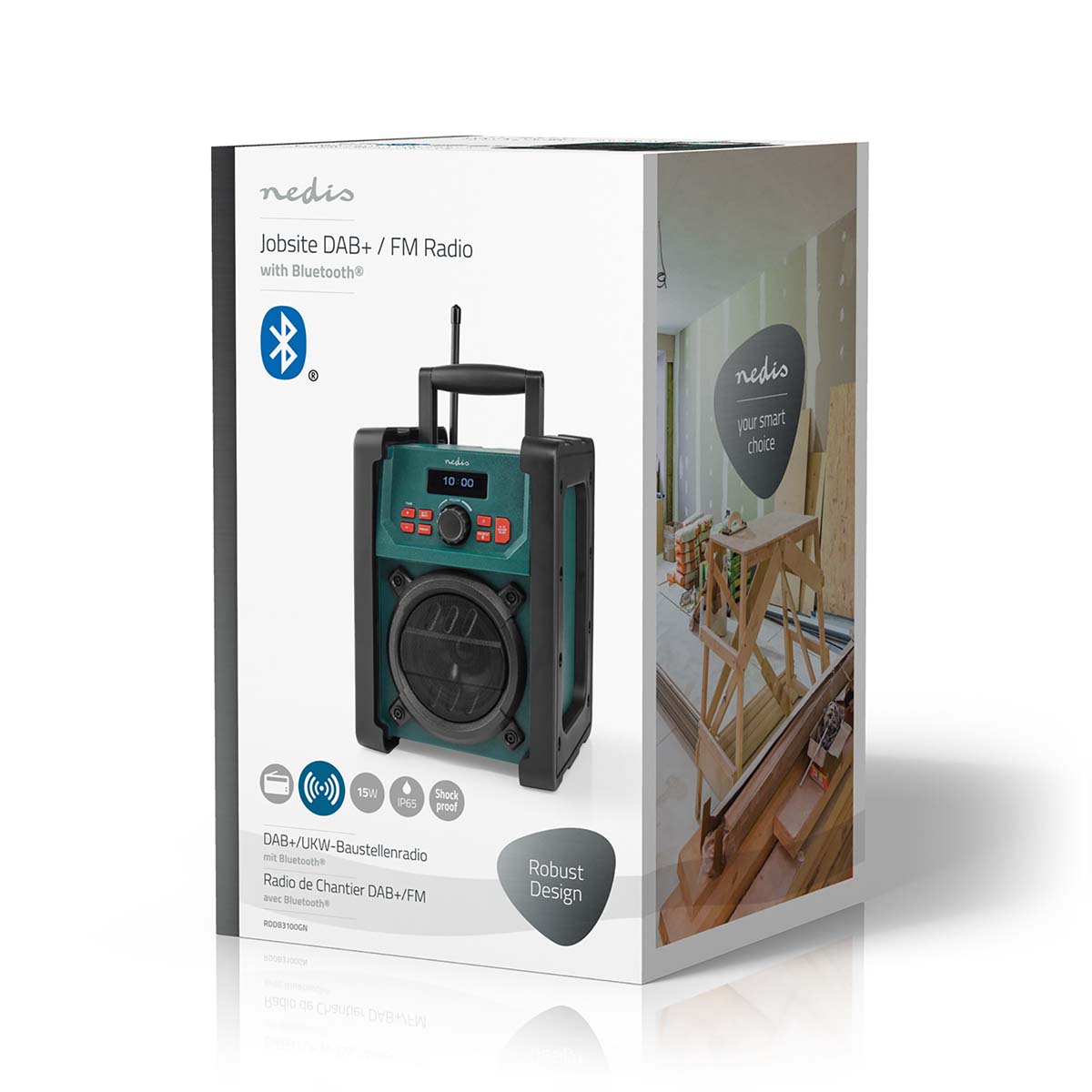 DAB+ Radio | Baustellenradio | DAB+ / FM | 2.2 " | Scharz-weiß Monitor | Batteriebetrieben / Netzstromversorgung | Digital | 15 W | Bluetooth® | Wecker | Sleep Timer | IP65 | Tragegriff | Grün / Schwarz