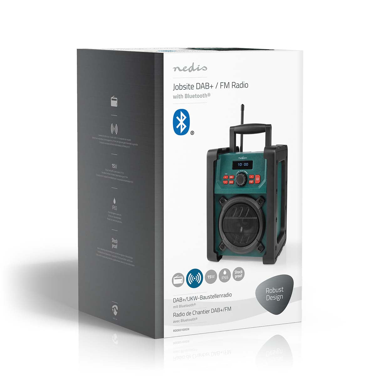 DAB+ Radio | Baustellenradio | DAB+ / FM | 2.2 " | Scharz-weiß Monitor | Batteriebetrieben / Netzstromversorgung | Digital | 15 W | Bluetooth® | Wecker | Sleep Timer | IP65 | Tragegriff | Grün / Schwarz