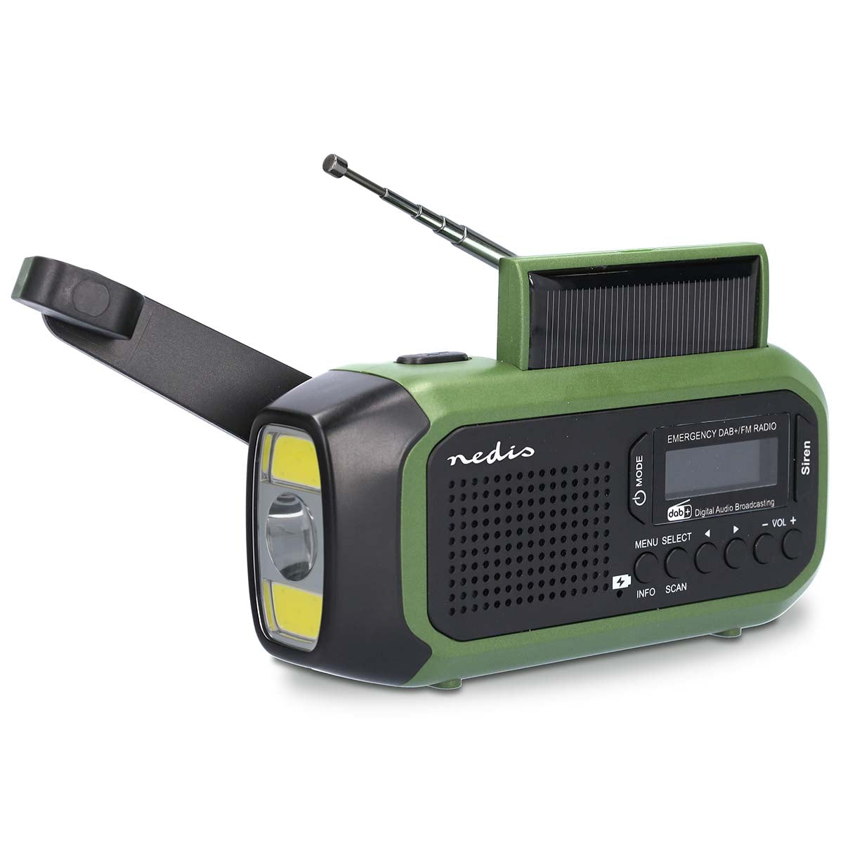 Notfallradio | Tragbare Ausführung | DAB+ / FM | Batteriebetrieben / Handkurbel / Solar Powered / Stromversorgung über USB | Wecker | Grün / Schwarz