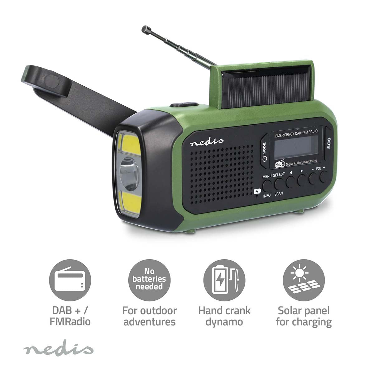 Notfallradio | Tragbare Ausführung | DAB+ / FM | Batteriebetrieben / Handkurbel / Solar Powered / Stromversorgung über USB | Wecker | Grün / Schwarz