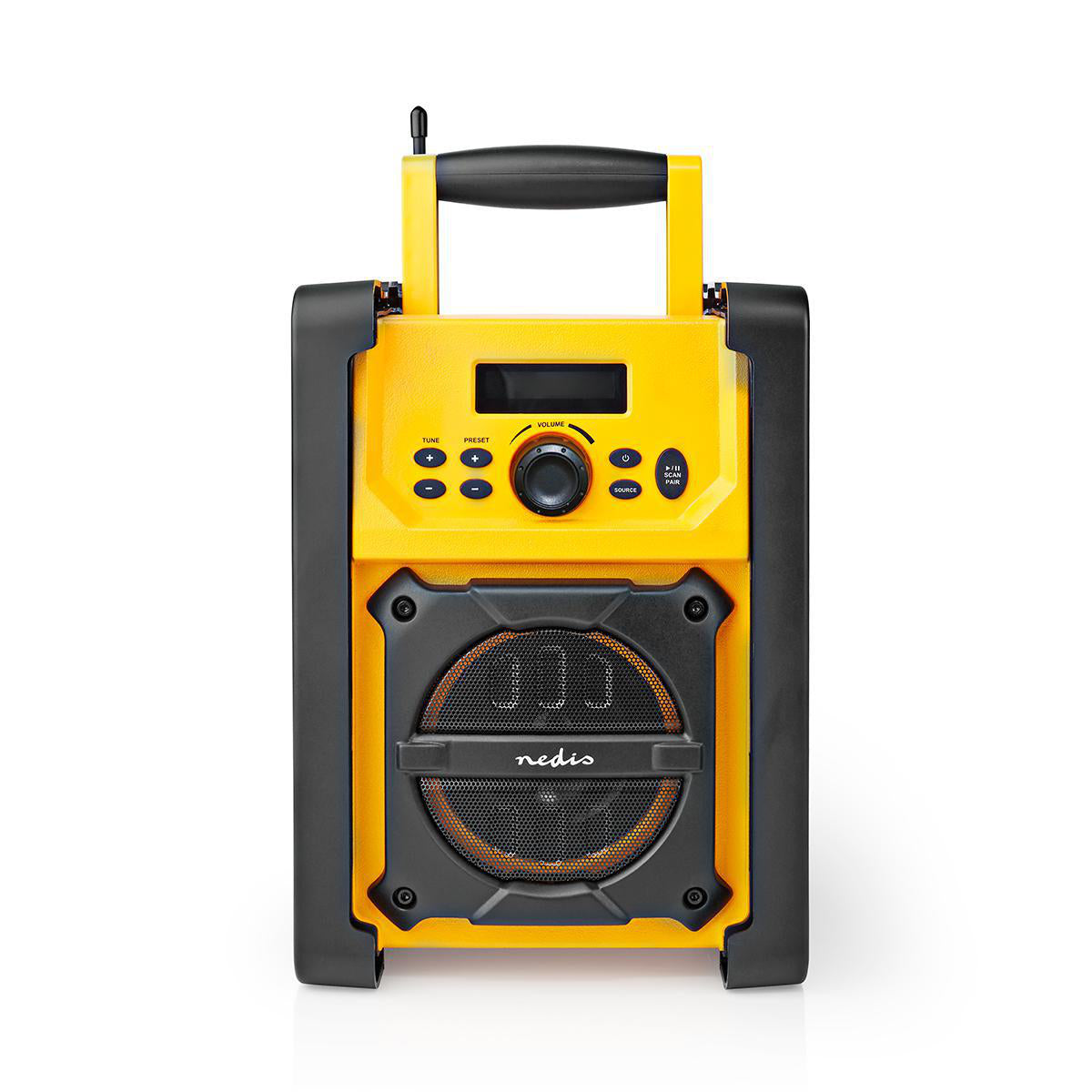 FM-Radio | Baustellenradio | FM | Batteriebetrieben / Netzstromversorgung | Digital | 15 W | Monitorgröße: 2.2 " | Blau-weiß Monitor | Bluetooth® | IPX5 | Tragegriff | Gelb / Schwarz