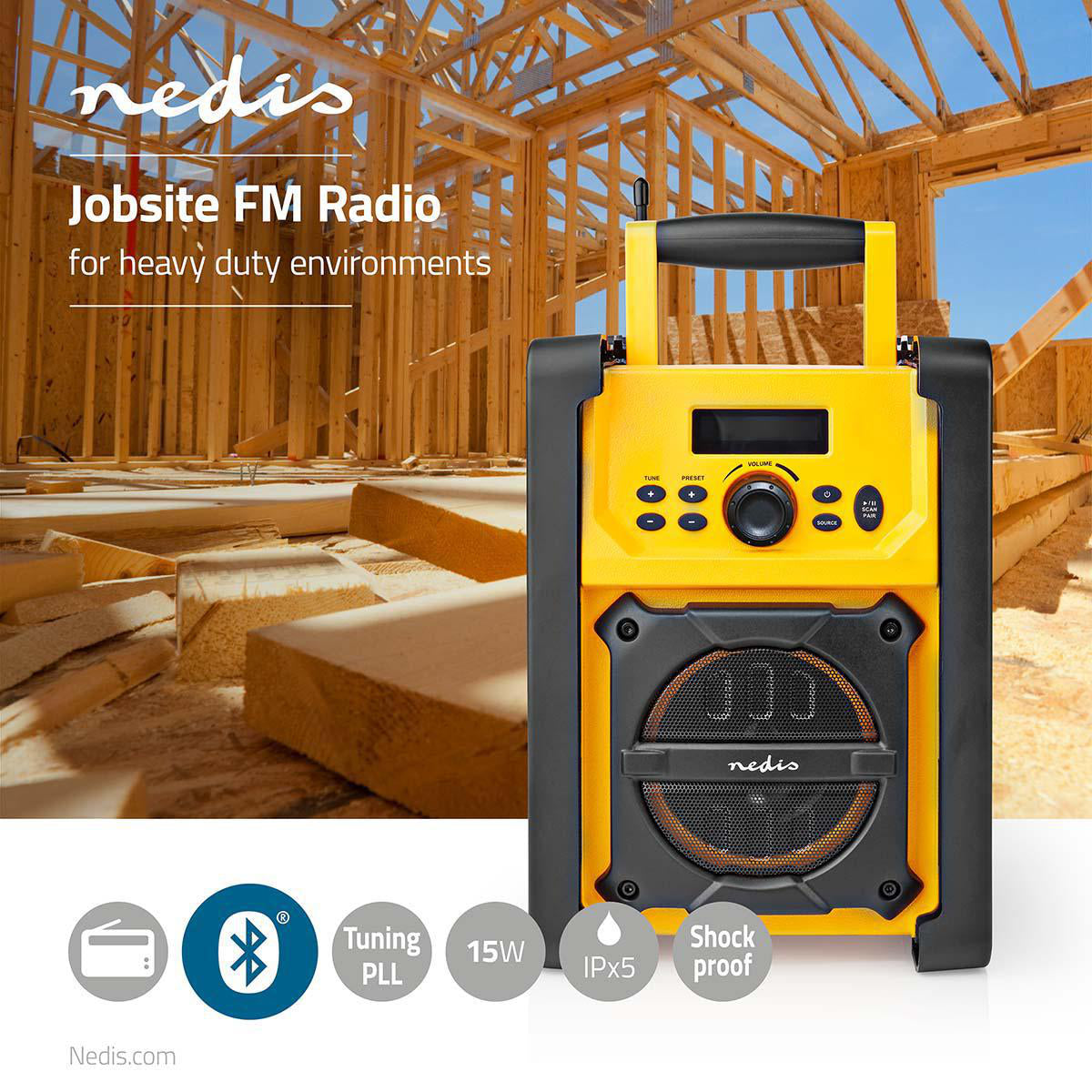 FM-Radio | Baustellenradio | FM | Batteriebetrieben / Netzstromversorgung | Digital | 15 W | Monitorgröße: 2.2 " | Blau-weiß Monitor | Bluetooth® | IPX5 | Tragegriff | Gelb / Schwarz